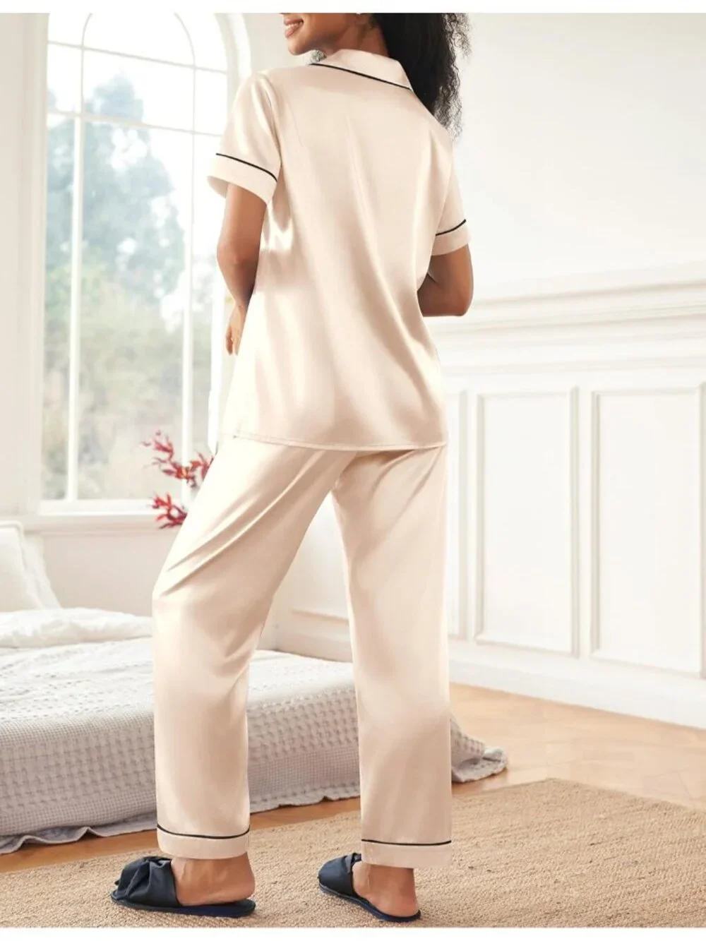 Women's Champagne Polyester Short Sleeve Button Down Loungewear Satin Pajama Set